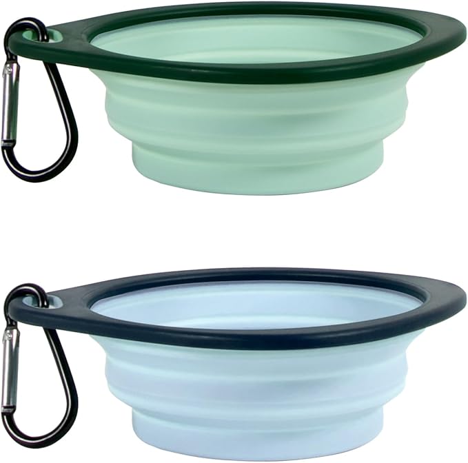LEAWALK Reusable Pet Collapsible Bowls 2 Pack for Cats Dogs, Portable Pet Feeding Watering Dish with 2 Carabiners for Walking Parking Traveling Indoor， (Medium Blue+Green)