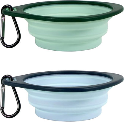 LEAWALK Reusable Pet Collapsible Bowls 2 Pack for Cats Dogs, Portable Pet Feeding Watering Dish with 2 Carabiners for Walking Parking Traveling Indoor， (Medium Blue+Green)