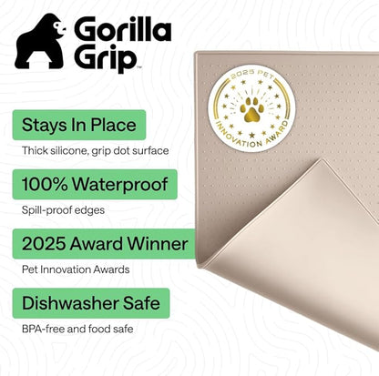 GORILLA GRIP 100% Waterproof Raised Edge BPA Free Silicone Pet Feeding Mat, Dog Cat Food Mats Contain Spills Protects Floors, Placemats for Cats and Dogs Water Bowl, Pets Accessories 18.5x11.5 Cream
