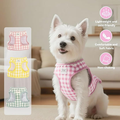 Country Chic Pet Harness and Leash Set, Gingham Pattern Breathable Mesh (Yellow, L(14.3-22.0 IBS)/(6.5-10 KG))