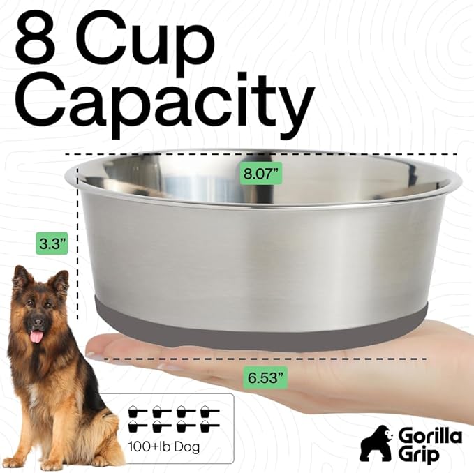 GORILLA GRIP Dog Bowls, Food Grade 304 Stainless Steel, Holds 8 Cups Each (64 fl oz) Food and Water Bowl for Feeding Dogs and Cats, Dishwasher Safe, Rust Resistant, BPA Free Rubber Base Set of 2 Gray