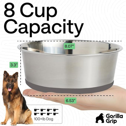 GORILLA GRIP Dog Bowls, Food Grade 304 Stainless Steel, Holds 8 Cups Each (64 fl oz) Food and Water Bowl for Feeding Dogs and Cats, Dishwasher Safe, Rust Resistant, BPA Free Rubber Base Set of 2 Gray