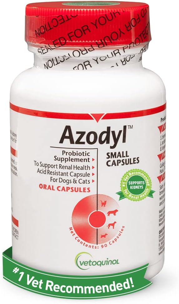 Vetoquinol Azodyl - Probiotic Supplement for Dogs & Cats - Offers Renal & Kidney Support for Pets - Easy-to-Swallow, Small Capsules - 90 Count