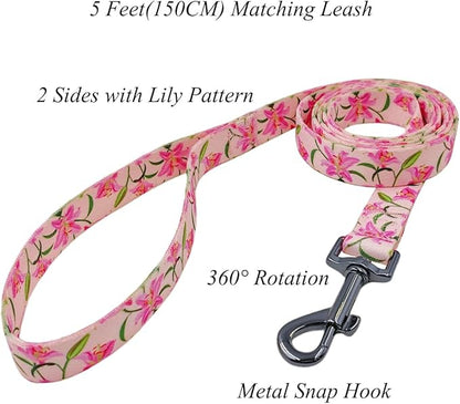 Dog Collar Leash Set, Floral Pattern, Polyester Material, Adjustable Collar and 5ft Matchcing Leash, for Large Dogs.(L, Pink Lily)