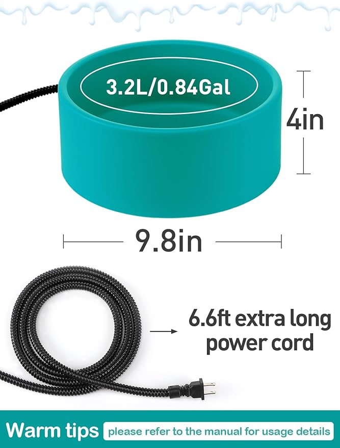 3.2L Heated Water Bowl for Outdoor Dogs Cats - 30W Thermostatic Control Heating Pet Bowl with 6.6Ft Bite-Proof Cord for Winter Chickens