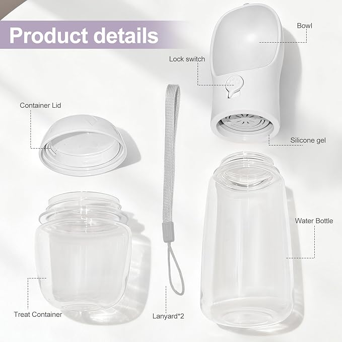 Dog Water Bottle, Portable Water Bottle with Food Container for Dogs Cat Pet Hiking Walking Travel Camping, Leak-Proof Dog Water Bowl Dispenser with Feeder Function Puppy Essentials (11.5oz White)
