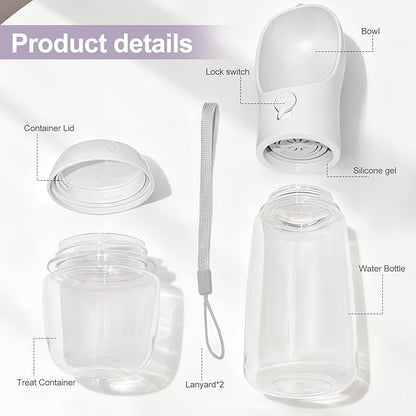 Dog Water Bottle, Portable Water Bottle with Food Container for Dogs Cat Pet Hiking Walking Travel Camping, Leak-Proof Dog Water Bowl Dispenser with Feeder Function Puppy Essentials (11.5oz White)