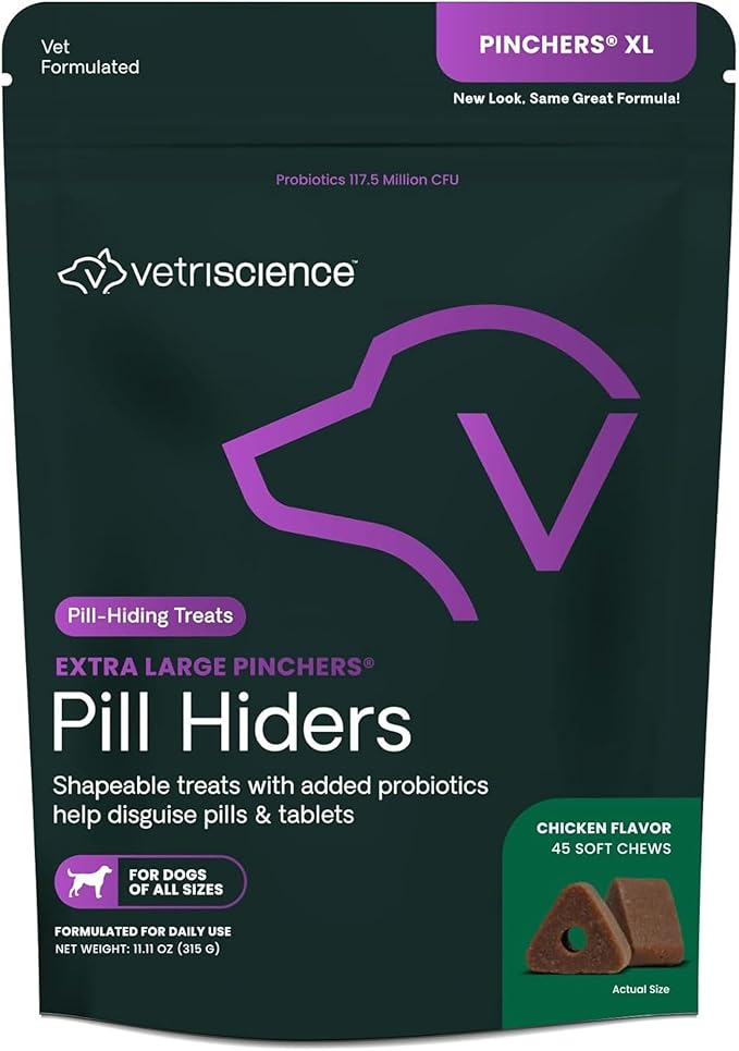 VetriScience Extra Large Pinchers Pill Hiders Chews, Non-Greasy with Probiotics for Dogs, Disguise Capsules and Tablets, Soft and Chewy, Gut and Immune Health, Chicken, 45 Count
