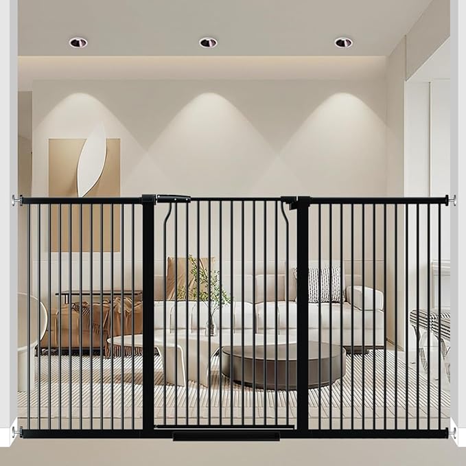 40.55" Extra Tall and Wide Baby Gate, 71.3-74 in Gates for Dogs Indoor with Door, Walk Through Long Pet Gate for Large Openings, Pressure Mounted Child Safety Gate for House Kid, Black