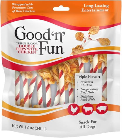 GOOD 'N' FUN Triple Flavor Double Pops with Chicken Chews for All Dogs, 12 Ounces, Treat Your Dog to Chews Made with Real Chicken, Beef Hide and Pork Hide