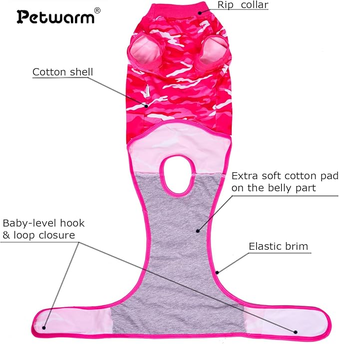 PetWarm Dog Surgery Recovery Suit Male, Pet Surgical Recovery Onesies Suit Surgery Suit for Dogs Professional Dog Abdominal Wounds Bandages, Camouflage Pattern, Pink, S