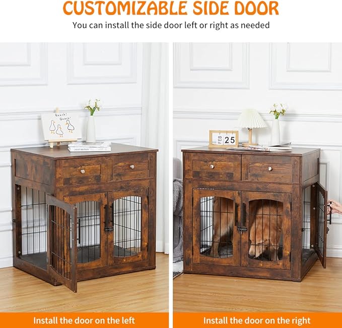 Dog Crate Furniture with Drawers, Wooden Dog Kennel Furniture for Large Breed,End Table Wood Dog House for Indoor Use,Dog Crate for Small/Medium/Large Dog
