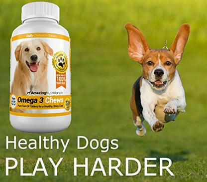 Amazing Omega 3 for Dogs - Fish Oil Supplement 120 Bacon Chews - Dog Vitamins for Itchy Skin Relief, Dry Skin, Shedding & Coat - Omega Fatty Acids EPA DHA - Made in USA