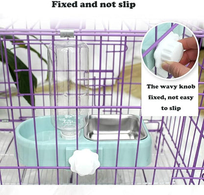Crate Dog Cat Bowls, Dog Water and Food Bowl Set with Detachable Stainless Steel Bowl and Automatic Water Dispenser Bottle, Hanging Pet Cage Kennel Food Water Feeder Bowls for Puppy Cat Rabbite Birds