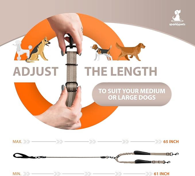SparklyPets - Double Dog Bungee Rope Leash - Dual Dog Lead for Medium and Large Breeds - Padded Handles, No Tangle - Flow Leash, 2 Dogs Walking Accessory