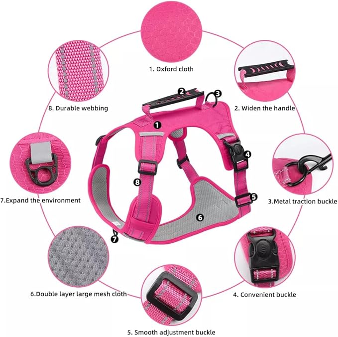 Dog Harness No Pull Adjustable Reflective,for Medium and Large Small Dog with Leash 59.06in (Fuscia, L)