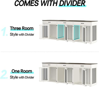 Dog Crate Furniture - Indoor Wooden Dog Kennel Crate Furniture with 2 Dividers, 3 Drawers, and 3 Lockable Doors, 95"x23.6"x31.5"H, White