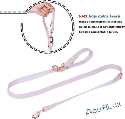 Soft Leather Dog Collar and Leash (6.6') Set - Stylish Rose Gold Heavy Duty Metal Buckle, 4 Adjustable Lengths Leash for Small Medium Large Dogs - Comfortable & Easy to Clean L(15.4"-24.8"), Gold Pink