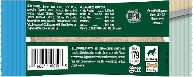 Bonies Natural Breath and Dental Formula Large-Sized Single Bone - All-Natural Ingredients, Fresh Breath, Cleans Teeth, Low Calories, Chicken Flavor, [Large Dog], 1 Bone