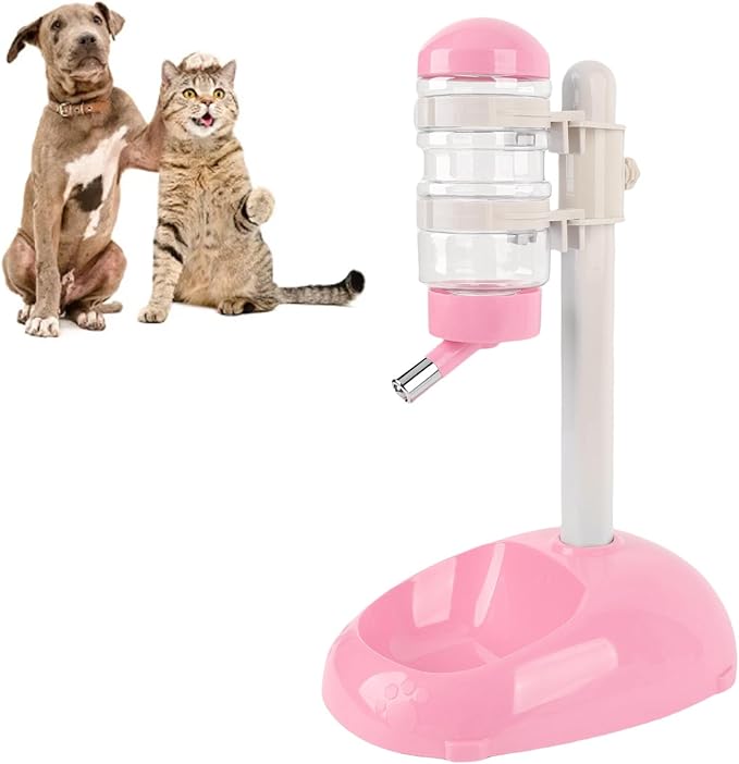 Pet Standing Water Dispenser, Height Adjustable Automatic Water Feeder Food Feeder Bowl, 500ml Dog Water Bottle Dispenser, Dog Cat Feeding Water Bowl Set (Pink)