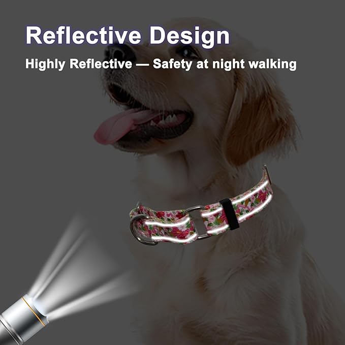 Reflective Martingale Collar for Dogs Nylon Training Collar with No Buckle Cute Floral No Pull Dog Collar for Large Dogs（Pink Flower，L）