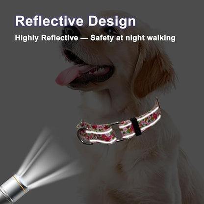 Reflective Martingale Collar for Dogs Nylon Training Collar with No Buckle Cute Floral No Pull Dog Collar for Large Dogs（Pink Flower，L）