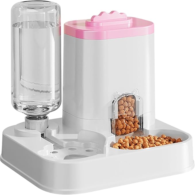 Automatic Dog Cat Feeder and Water Dispenser Combo, 10L Large Capacity Pet Food and Water Station with Integrated Bowl for Multiple Pets (Pink)