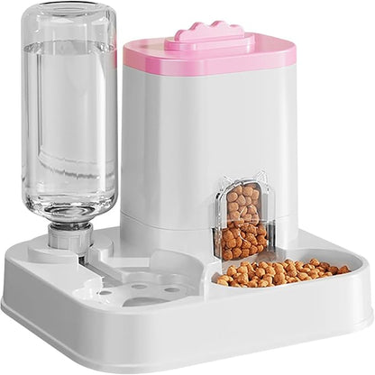 Automatic Dog Cat Feeder and Water Dispenser Combo, 10L Large Capacity Pet Food and Water Station with Integrated Bowl for Multiple Pets (Pink)