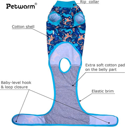 PetWarm Neutering Recovery Suit for Male Dogs, Pet Coat's Inner Clothes, Dog Cone Alternative After Surgery Suit for Dogs Female Male Dog Onesie for Spay Neuter, Dinosaur Pattern, Green, S