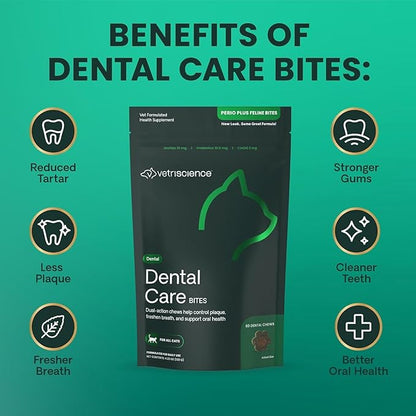 VetriScience Perio Plus Cat Teeth Cleaning Bites - Advanced Cat Breath Freshener - Dual Action Cat Dental Care Formula for Plaque Control & Fresh Breath, 60 Chews, Chicken Flavor