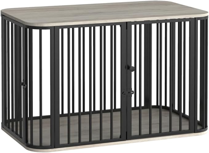 Hzuaneri 39.4'' Dog Crate Furniture, L Indoor Dog Kennel Dogs Cage, Modern Decorative Pet House for Small/Medium/Large Dogs, Anti-Chew & Anti-Escape, Kennel End Side Table, Greige Black DFC88705B