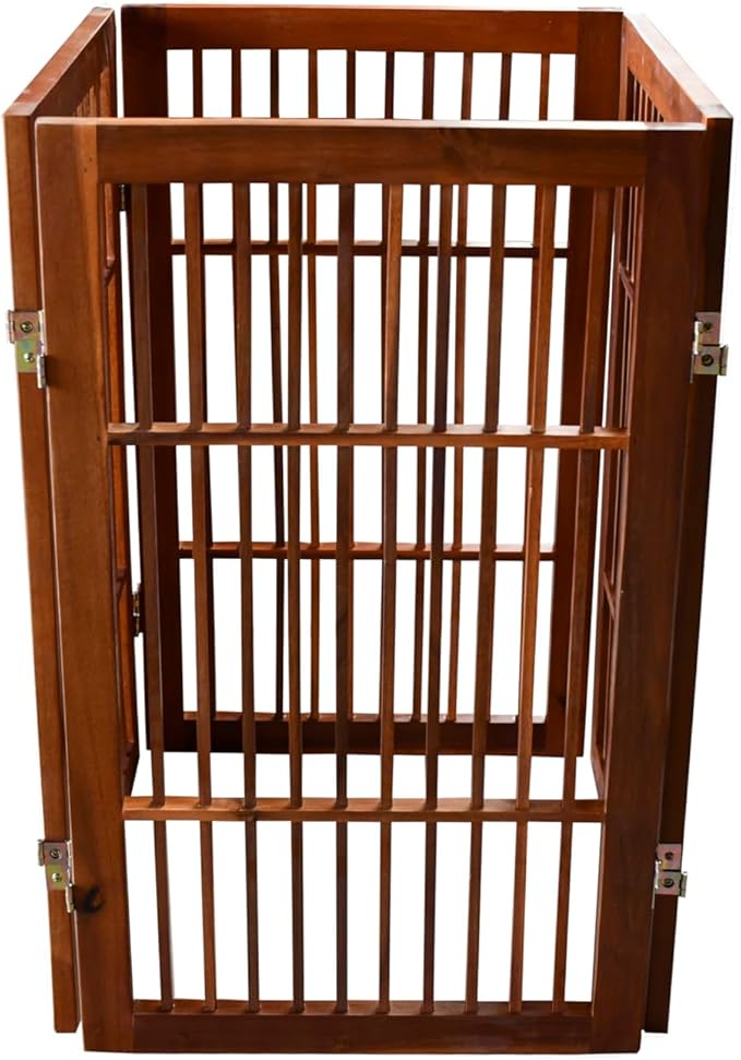 Urnporium Pet Dog Gate Freestanding, Strong Durable Folding Wooden Fence, Portable Acacia Hardwood Safety Barrier for Indoor & Outdoor Use (Brown Pet Gate, 4 Panel 30" Tall)