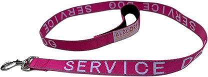 Albcorp Service Dog Leash 4 FT x 1 Inch – Reflective Leash with Embroidered Service Dog Lettering, Heavy-Duty Nylon, Padded Neoprene Handle, Pink.