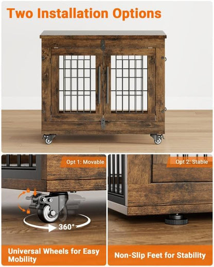 YaFiti Dog Crate Furniture with Cushion Set of 2, Wooden Dog Kennel Indoor with Double Doors, Dog Cage with Wheels, Dog House Side End Table for Small Dogs up to 30 lb, 27.2" L, Rustic Brown
