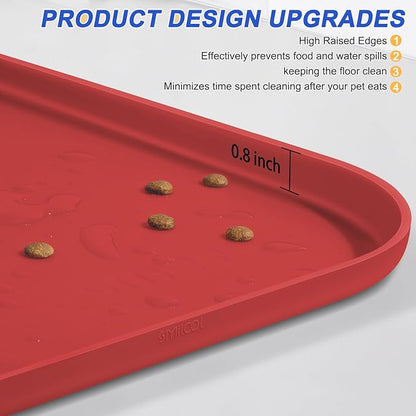 SMILOOL Silicone Pet Feeding Mat with Raised Edge for Food and Water, Dog Bowl Mats, Cat Bowls Placemat with High Lip for Floor Waterproof, Rubber Tray for Cats and Dogs 24 x 16 x0.8 Red