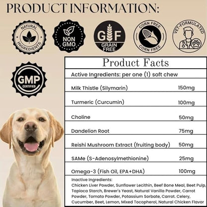 Advanced Liver Support Supplement for Dogs – Milk Thistle, Turmeric, Same & Choline – Liver Detox, Kidney Support, Immunity & Metabolic Boost – Organic Ingredients, Natural Chicken Flavor – 90 Chews