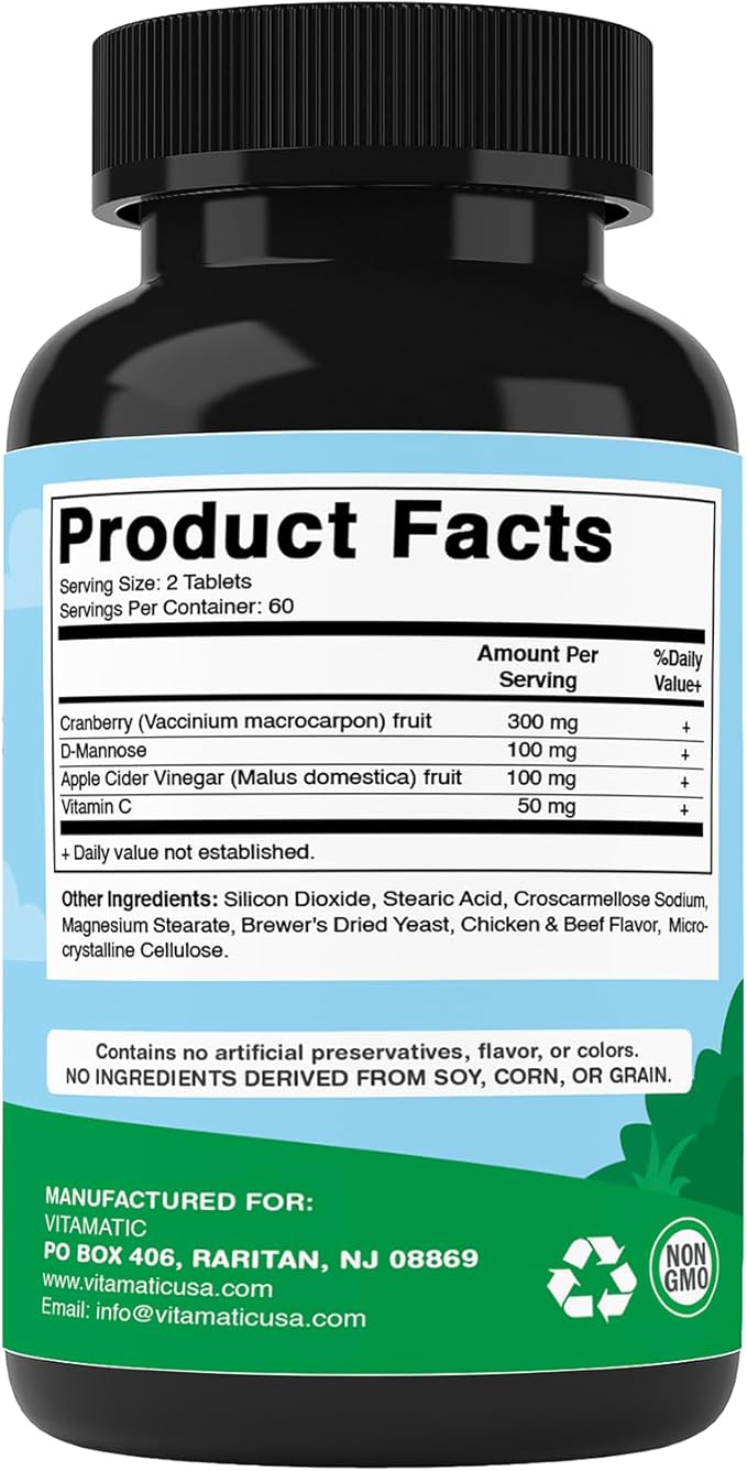 Vitamatic Cranberry for Dogs – 120 Chewable Tablets – with D-Mannose, Apple Cider Vinegar & Vitamin C – Urinary Tract & Bladder Support for Dogs - 2 Pack