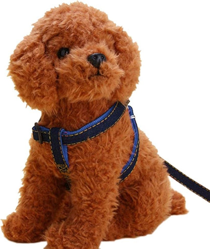 Denim Pet Dog Collar Harness Leash Set for Puppy Dog Cat, Adjustable Dog Harness Vest Collar Lead S/M/L/XL