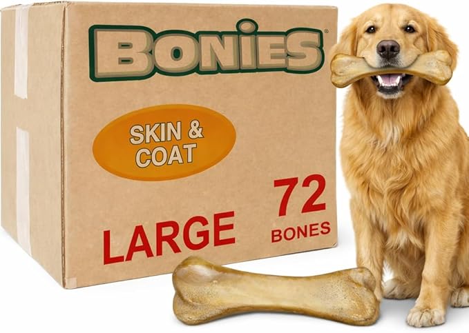 Bonies Natural Skin & Coat Formula Large-Sized Single Bone - Promote Silky Coat & Healthy Skin, Healthy Teeth & Fresh Breath, Low Calories - Chicken Flavor, [Large Dogs], 72 Bones