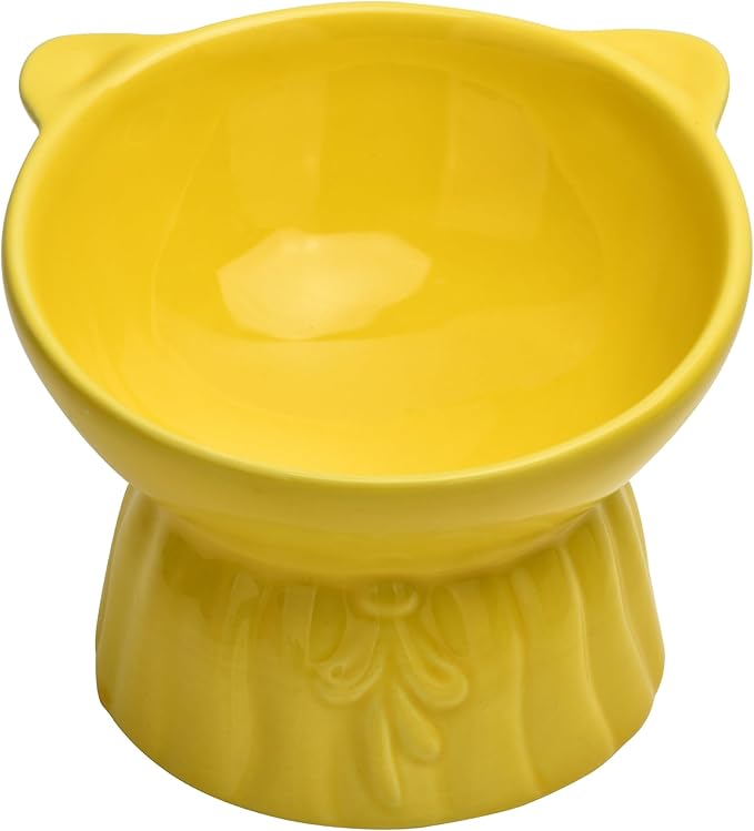 Elevated Cat Food Bowl,8 Oz Ceramic Raised and Tilted Water Bowl,Anti Vomiting and Protect Pets Spines Dishes for Fat Faced Cat, Indoor Cats,Kitten,Small Dog (Yellow)