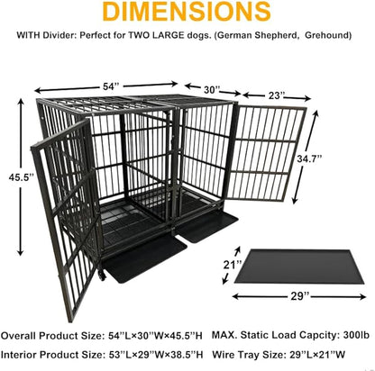 BOLDBONE 54 inch Heavy Duty Indestructible and Escape-Proof Dog Crate Cage Kennel with Divider for 2 Large Dogs, High Anxiety Dog Crate with Removable Wires Trays and Wheels, Extra Large XL XXL