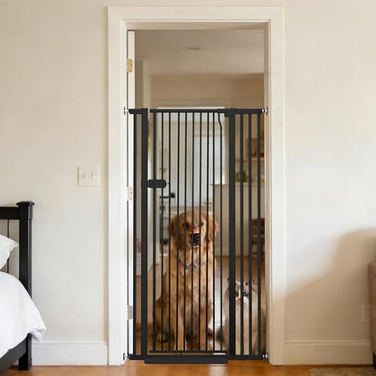 Lumizone Extra Tall Cat Gate 55.12" High Pressure Mounted Extra Wide 2025 New (17 Sizes) 1.37" Gap No Drilling Auto-Close One-Handed Operation Tall Pet Gate for Dogs(Black, 55.12" H x 34.25"-38.38" W)