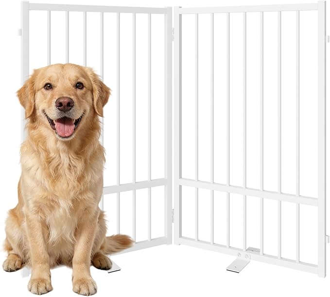 SNUOWU Full Metal Freestanding Dog Gate with Door, 32''Height Foldable Pet Dog Fence for Indoor & Outdoor, 2 Panels Extra Wide Free Standing TallDog Gates for Doorways,House,Stairs,Porch,Deck,Yard