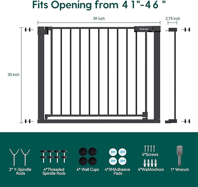 Babelio Baby Gate for Doorways and Stairs, 41-46" Pet Gate with Wide Walk Thru Door and Lock Indicator, No Drill Pressure Mounted Safety Gate with Double Lock and Self-Closing, Black
