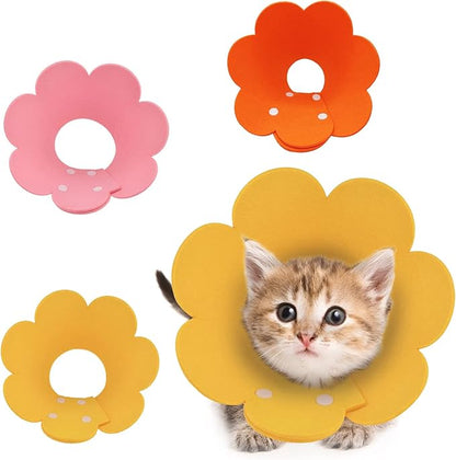 Pet Cone Collar, 3 PCS Cute Sunflower Shape Surgery Recovery Elizabethan Collars Adjustable Cone After Surgery Neck Collar for Cats and Dogs, Yellow and Pink and Orange