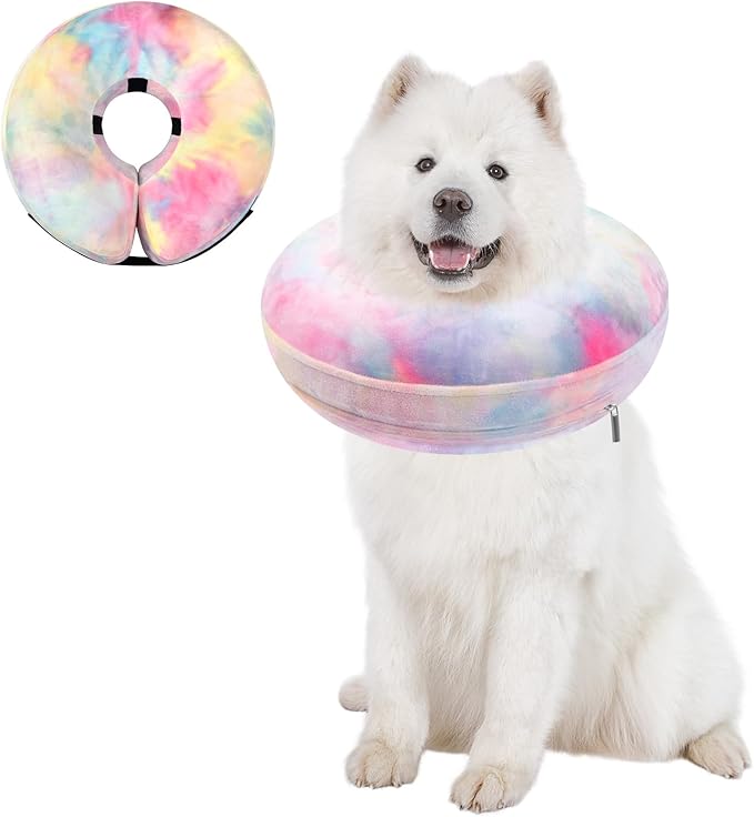 Dog Cone, Uadonile Inflatable Cone Collar for Dogs and Cats, Dog Neck Collar Recovery E-Collar Alternative After Surgery, Elizabethan Collar for Dogs Recovery(Tie-dye Pink Blue, L)
