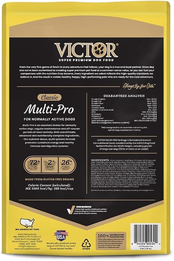 VICTOR Super Premium Dog Food – Multi-Pro Dry Canine Food – Gluten Free Dog Kibble with Beef, Chicken and Pork Protein for Normally Active Dogs – All Breeds and All Life Stages, 5 lb