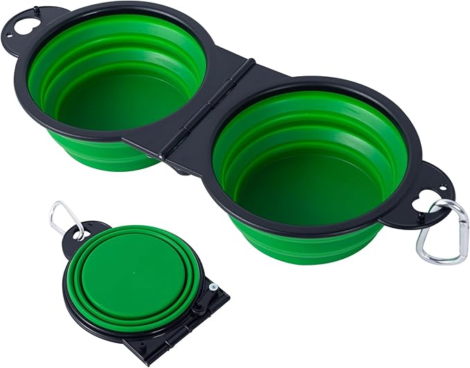 SLSON Collapsible Dog Dual Bowls Reinforced Rim 180 Degrees Flip Over Foldable Double Bowl with Lock Clips More Stable Dog Travel Bowls Pet Food Water Feeder (Green)