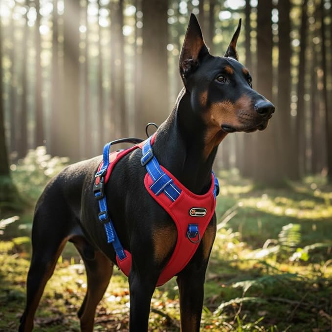 Tactical Dog Harness for Large Medium Dogs No Pull Adjustable Pet Vest with Reflective Straps Front & Back Clips Handle for Hiking Walking Hunting– 4 Sizes with or Without Leash (RED, XL)