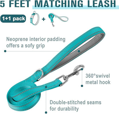 Dog Collar for Medium Small Large Dogs Reflective with Leash,Collar and Leash for Dogs,Soft Neoprene Padded 2 Pack(Blue,L)